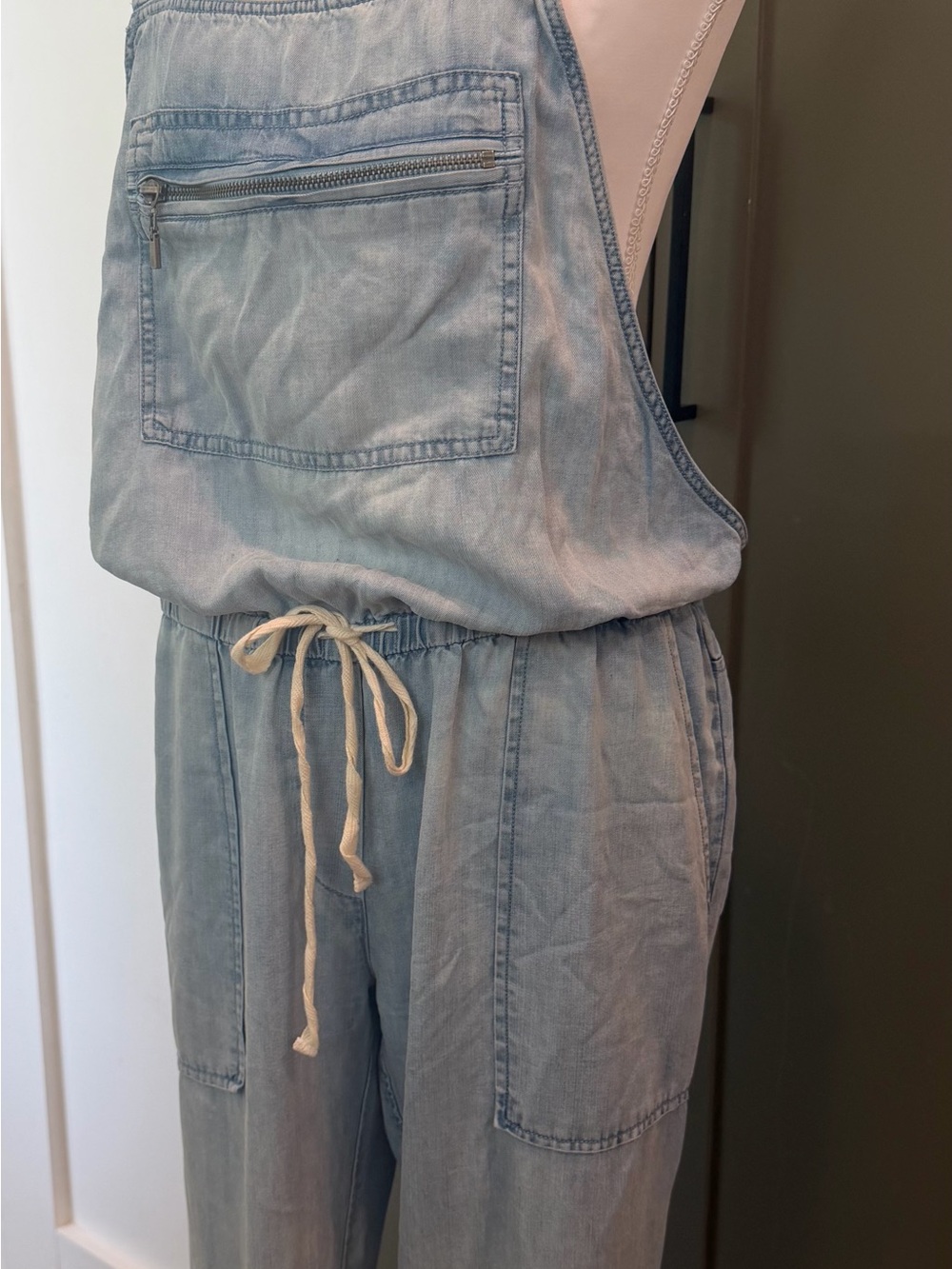 Light Wash Denim Jumpsuit with Drawstring Waist - Picture 6 of 10